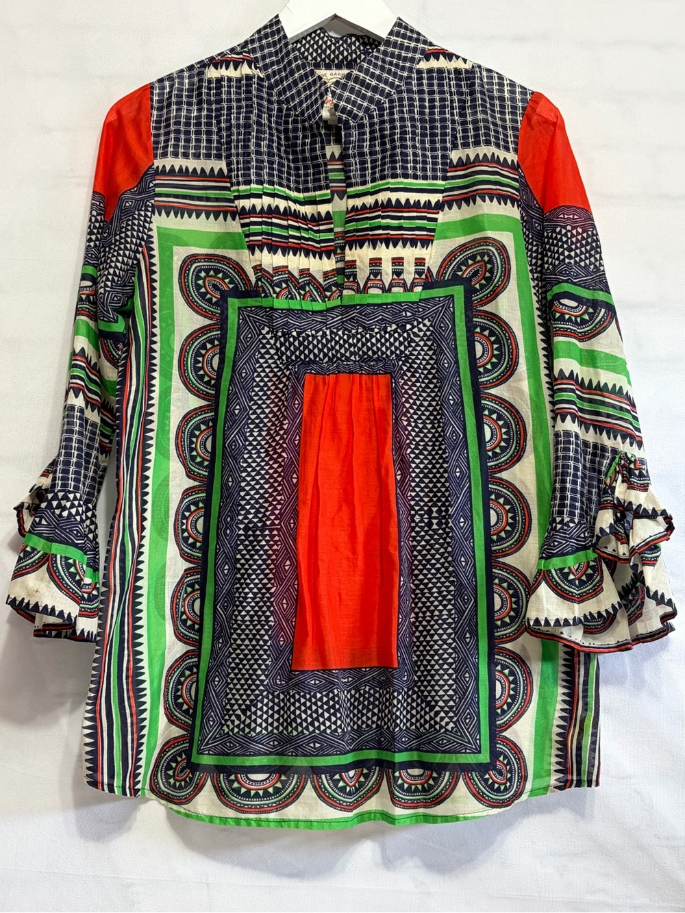 Red Navy Green Aleutian Print Cotton BELL’S Fine Garments Frill Cuff Tunic 8 EUC